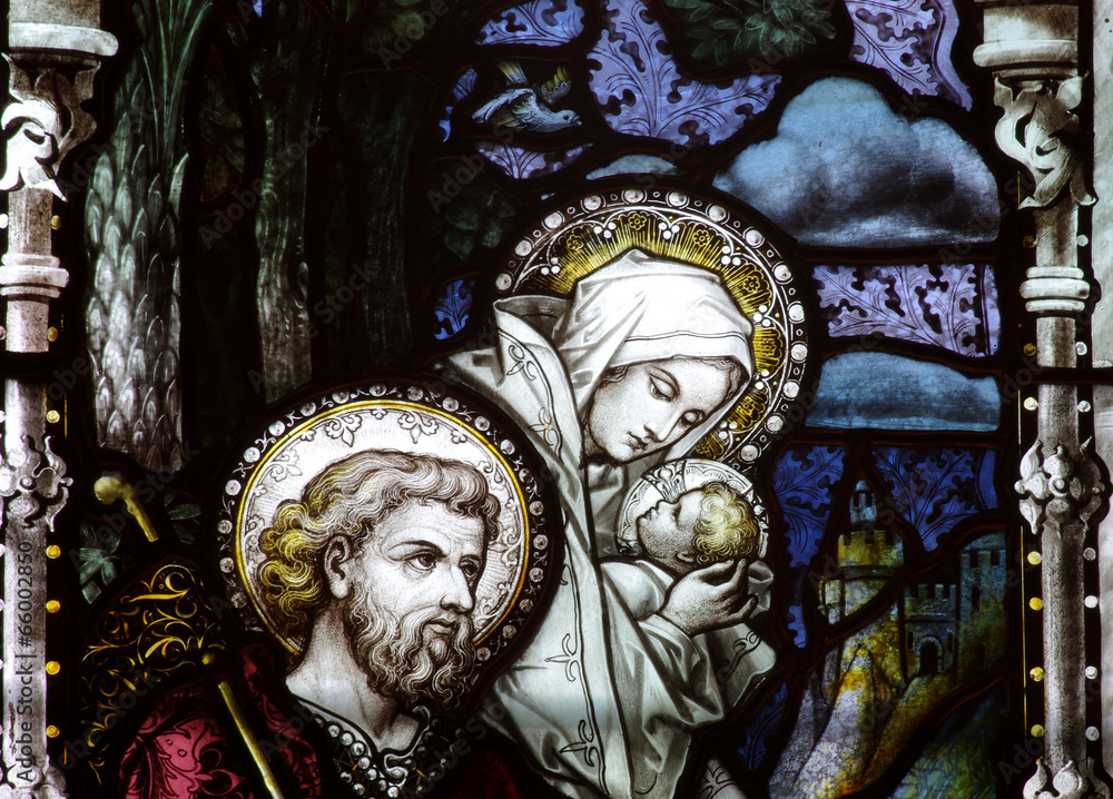 Flight into Egypt: Jesus, Mary and Joseph in stained glass