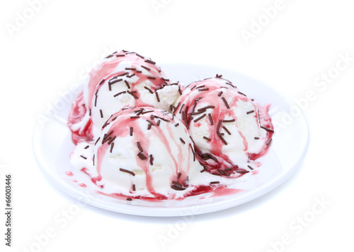 White ice cream with red syrup.