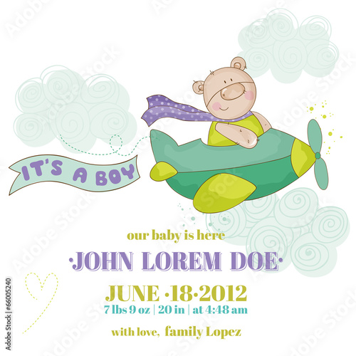 Baby Bear on a Plane - Baby Shower or Arrival Card - in vector
