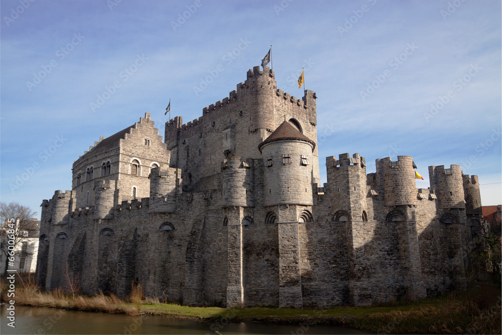 Gravensteen, medieval castle and blue sky in Gent, Belgium