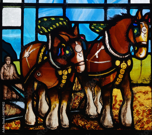 Horses working on the field. A stained glass window