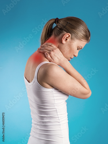 Young female in cotton underwear suffering from nape pain