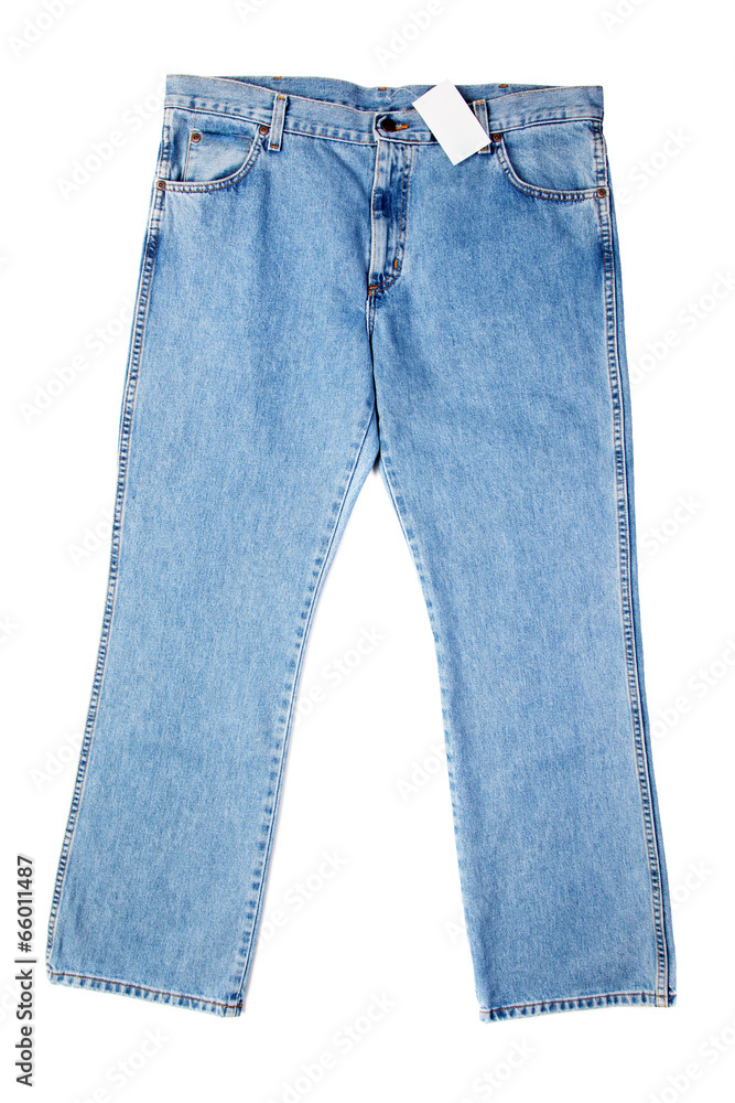 Blue jeans with a label, isolated on white background Blue jeans with a label, isolated on white background