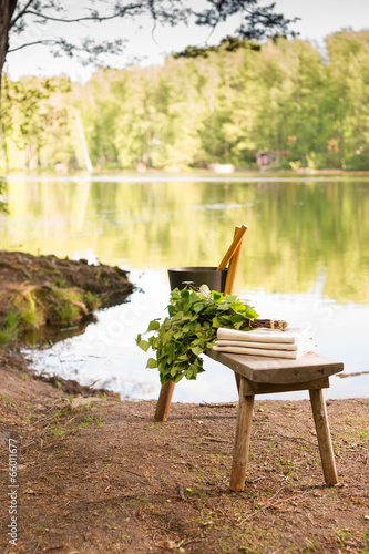 Wallpaper Mural Finnish summer landscape and sauna objects on bench by lake. Torontodigital.ca