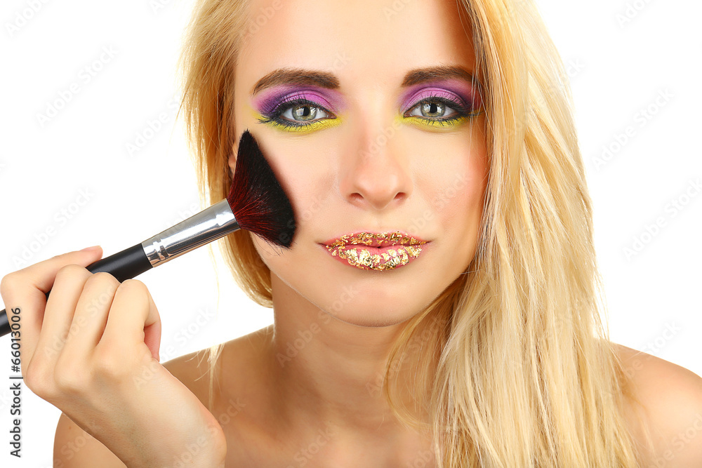 Beautiful woman with bright make-up and brushes, isolated Beautiful woman with bright make-up and brushes, isolated