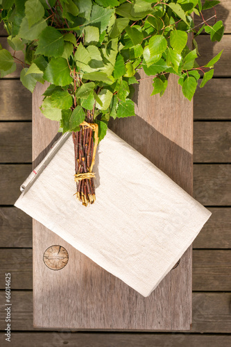 Wallpaper Mural Sauna objects on wooden bench from top Torontodigital.ca