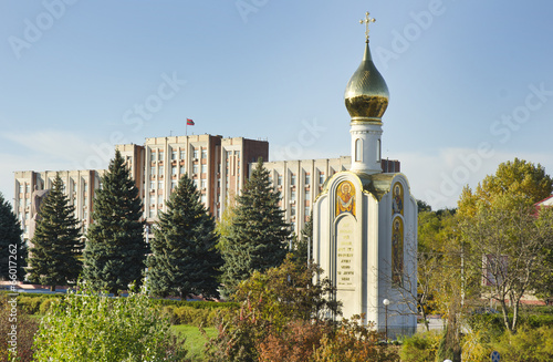 TIRASPOL, TRANSNISTRIA - OCTOBER 20: church and parliament building on October 20, 2013 in Tiraspol, Transistria. Transnistria is a self governing territory not recognised by the United Nations.