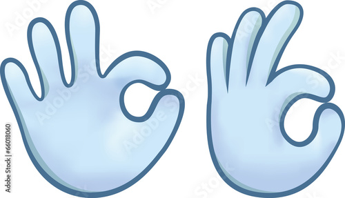 Front and side view of a blue hand making the OK sign