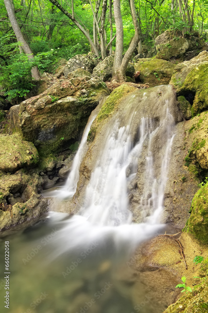 Fototapeta premium Waterfall. Mountain river. A stream of water in forest