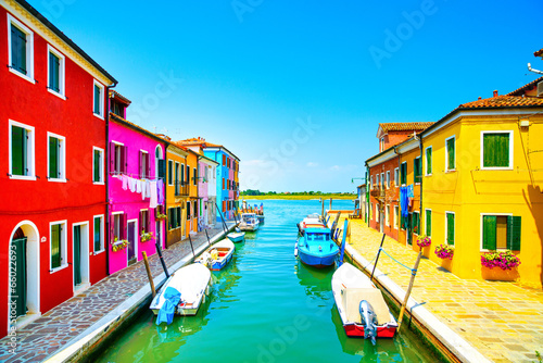 Venice landmark, Burano island canal, colorful houses and boats, © stevanzz