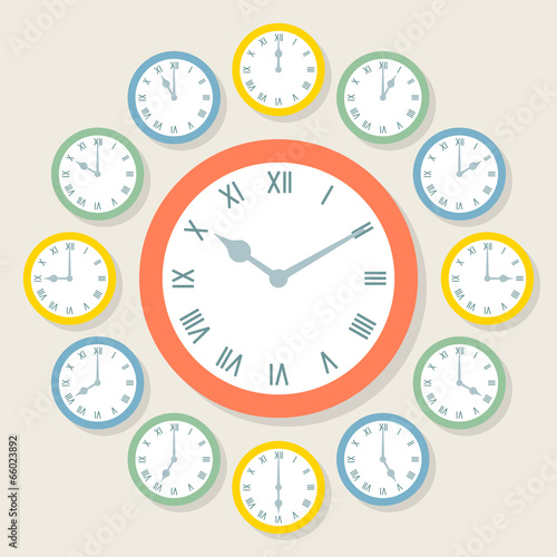 Retro Vector Roman Numeral Clocks Showing All 12 Hours