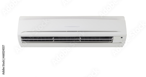 Air conditioner (AC) indoor unit or evaporator and wall mounted. That is part of mini split system or ductless system type. For removing heat and moisture from room. Isolated on white background.
