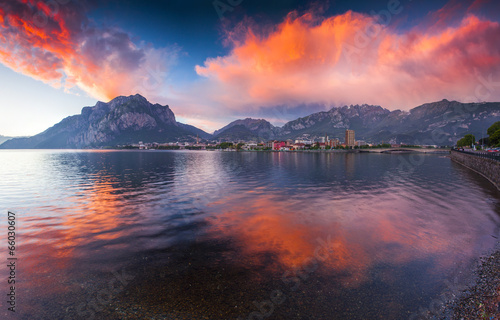 Colorful spring sunset in the Lecco Lake. Lecco, Alps, Italy.
