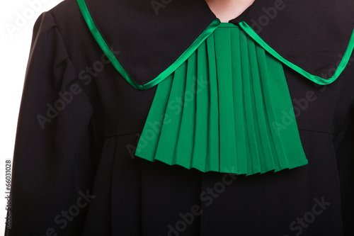Law justice. Closeup lawyer polish black green gown