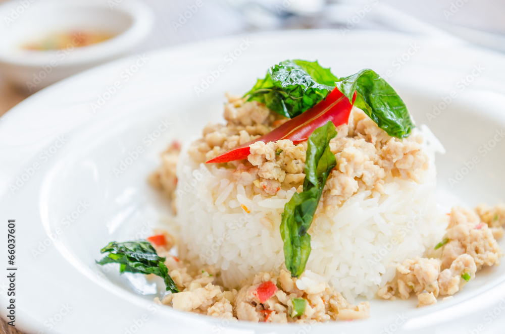 Spicy fried chicken with basil and rice Spicy fried chicken with basil and rice