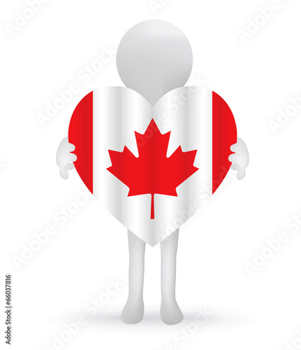 small 3d man holding a Canadian Flag