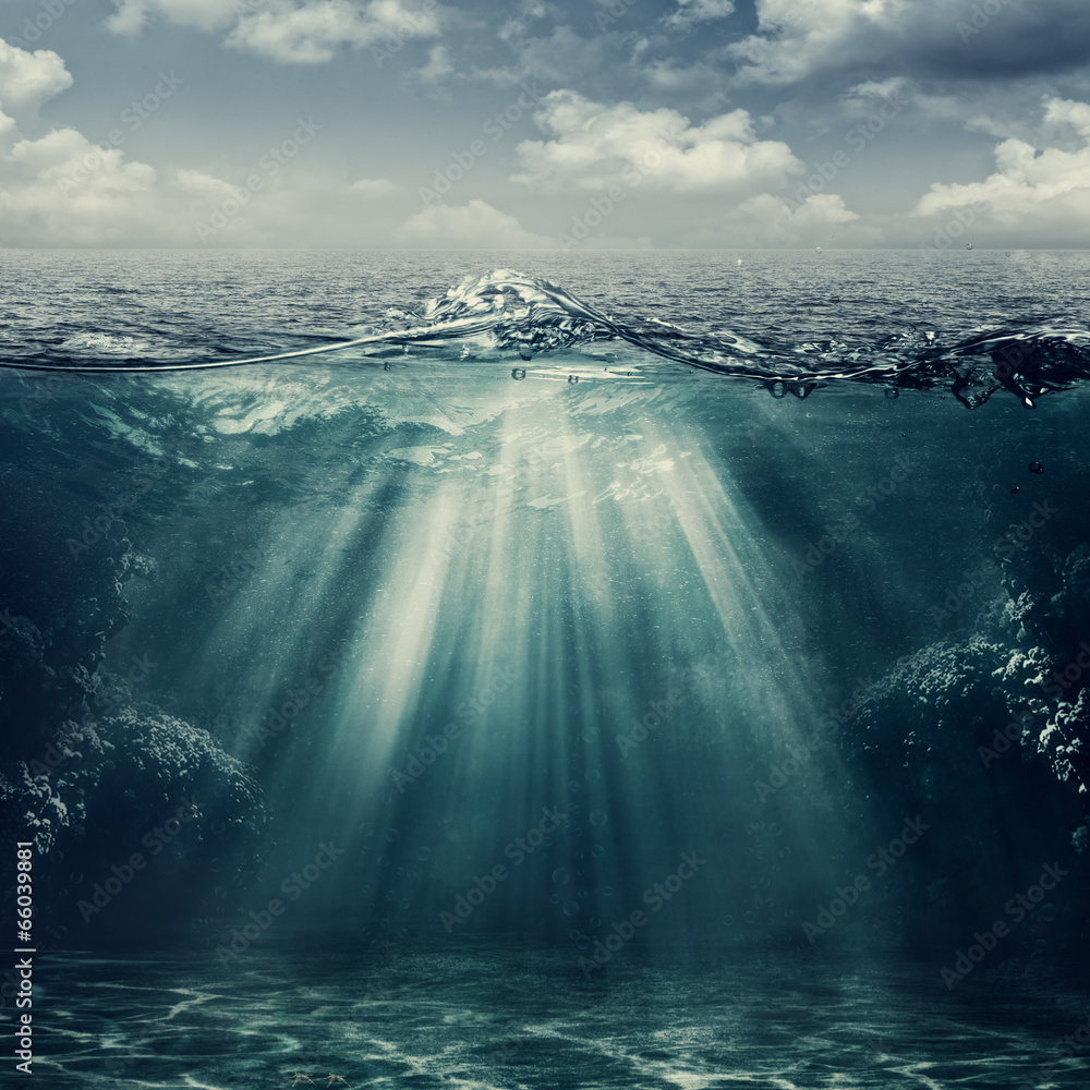 Fototapeta Krajobraz morski w stylu retro z widokiem podwodnym