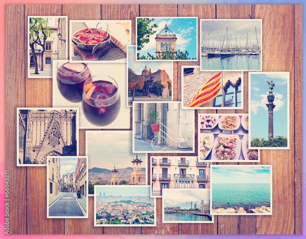 Obraz premium Barcelona collage, a few photos on a wooden background, postcard