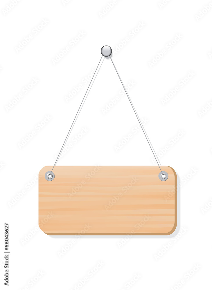 Blank wooden label board hanging from a nail by string on white Blank wooden label board hanging from a nail by string on white