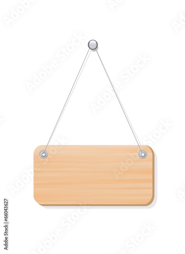 Blank wooden label board hanging from a nail by string on white