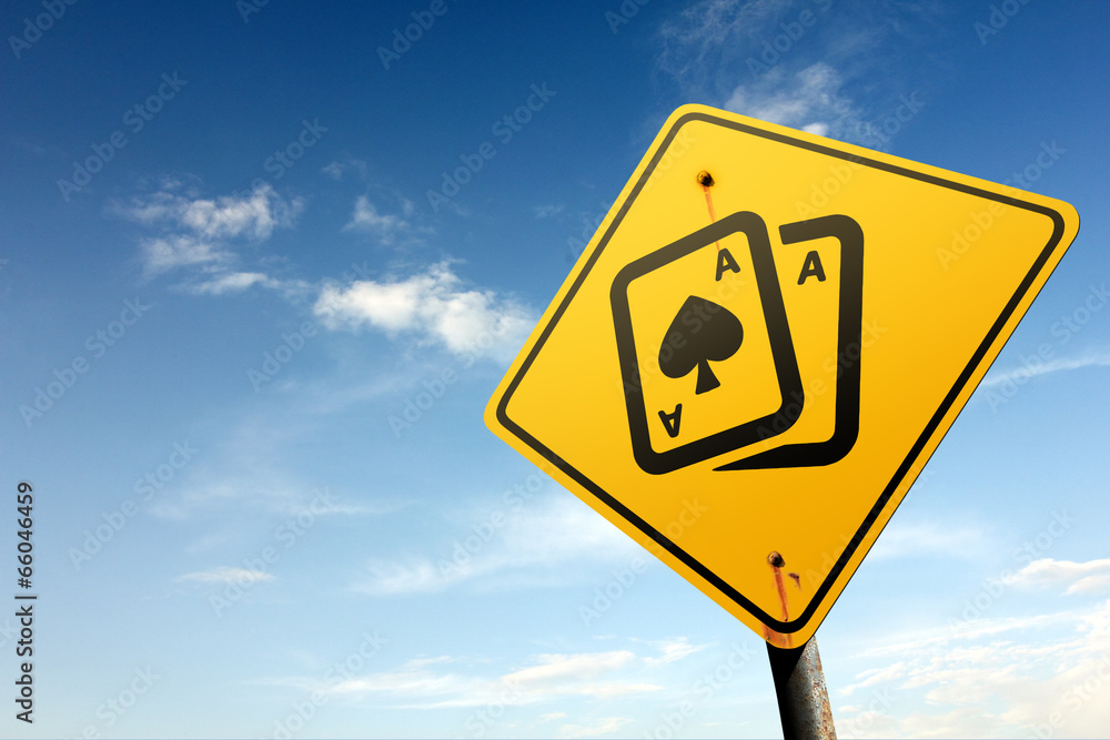 Gambling zone ahead. Yellow traffic sign. Gambling zone ahead. Yellow traffic sign.