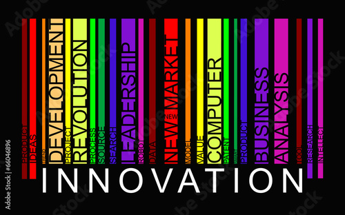 Innovation word concept in barcode with supporting words, modern