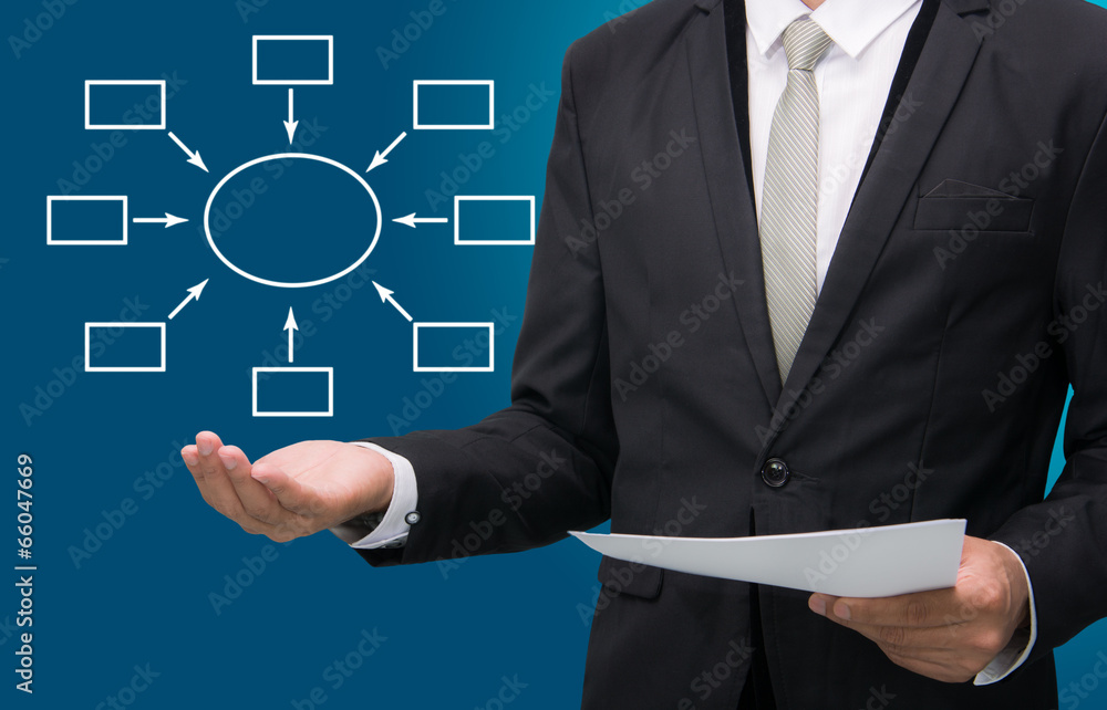 Businessman standing posture hand holding strategy flowchart iso Businessman standing posture hand holding strategy flowchart iso