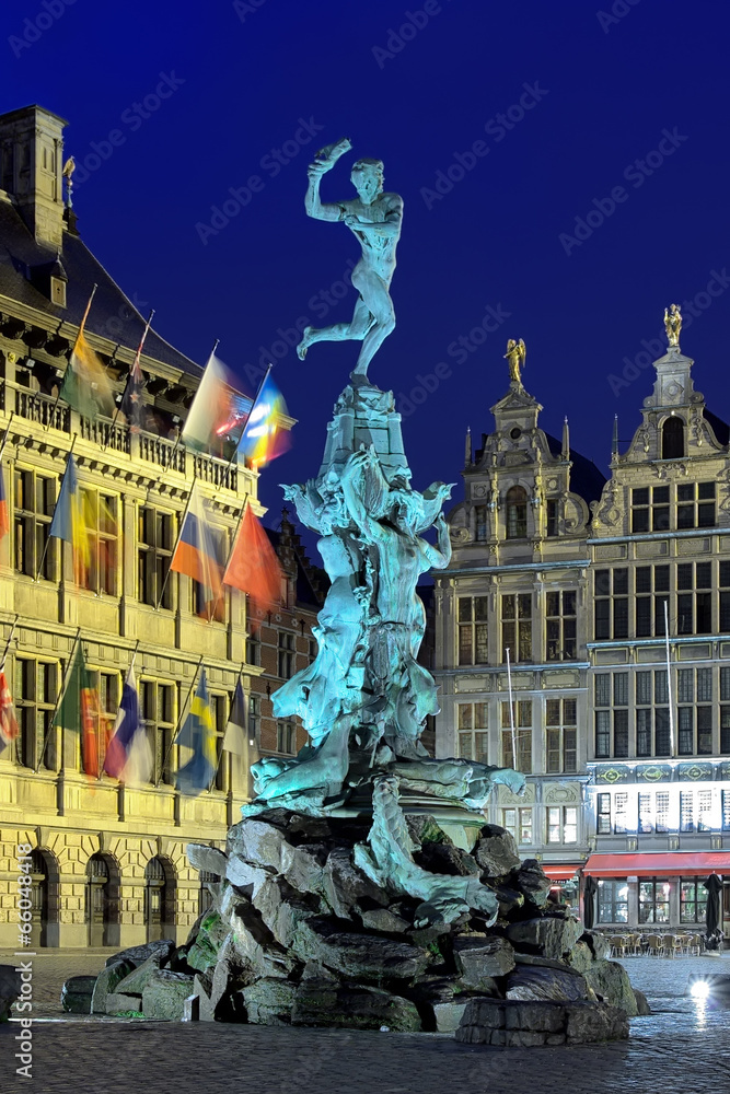 Evening view of Brabo fountain in Antwerp, Belgium