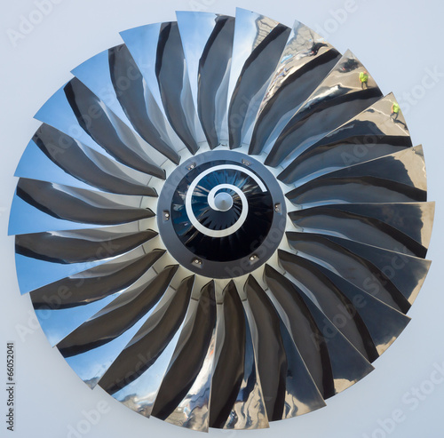 Obraz na plátně The blades of a turbofan jet engine close up.