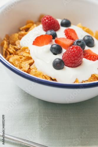 Healthy breakfast with cereals and berries in an enamel bowl
