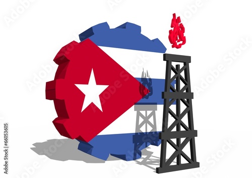 Photography cuba national flag on gear and 3d gas rig model near
