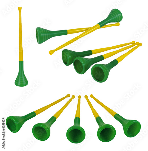 Pretty collection of brazilian vuvuzelas, traditional plastic trumpets
