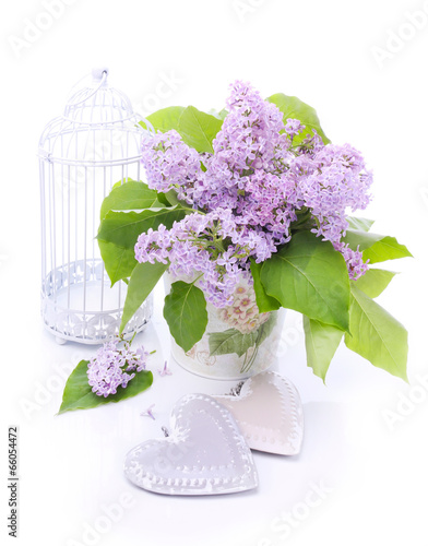 Valentine metal hearts and flowers of lilac