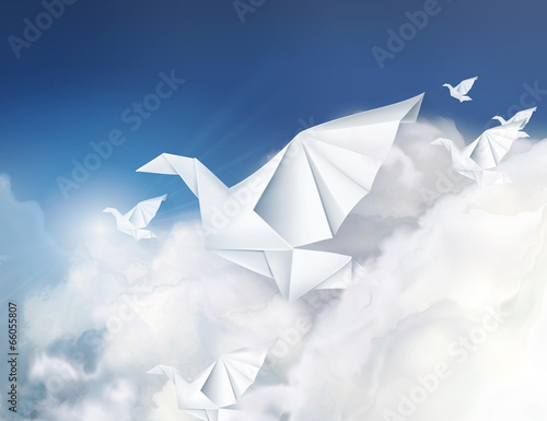 Paper origami doves in the clouds vector illustration
