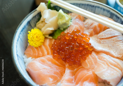 Bowl of Japanese salmon don  sushi rice