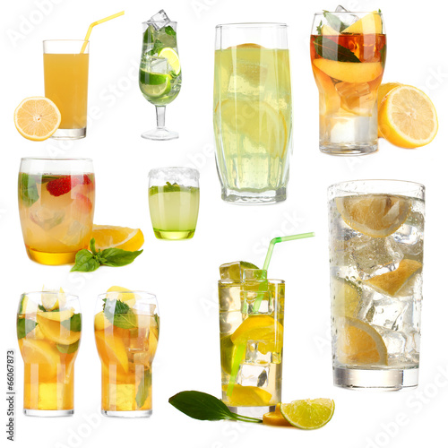 Collage of cold lemonade isolated on white