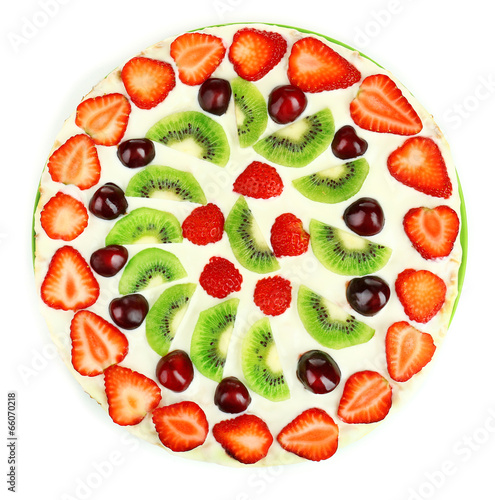 Fototapeta Naklejka Na Ścianę i Meble -  Homemade sweet pizza with fruits isolated on white