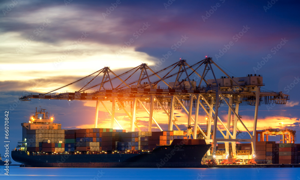 Container Cargo freight ship with working crane bridge Container Cargo freight ship with working crane bridge