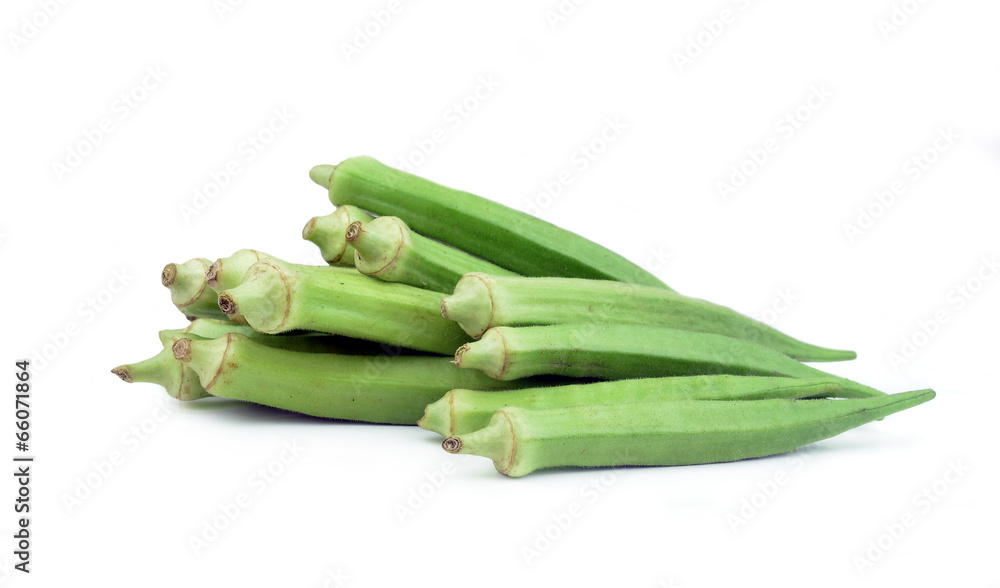 Fresh raw okra isolated on white background, horizontal with cop Fresh raw okra isolated on white background, horizontal with cop