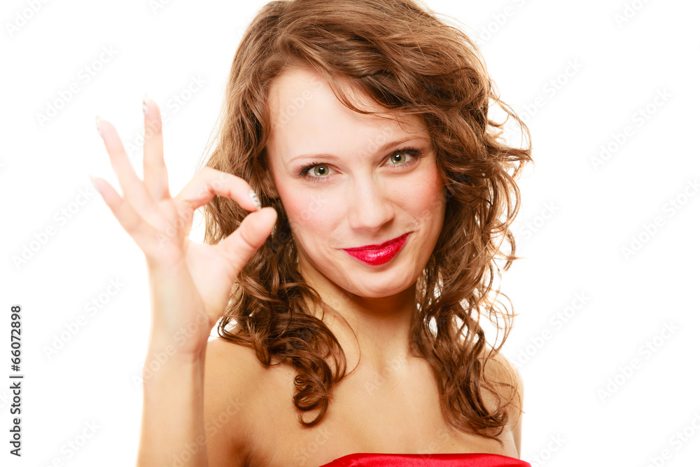 Happy smiling woman with showing ok sign gesture isolated Happy smiling woman with showing ok sign gesture isolated
