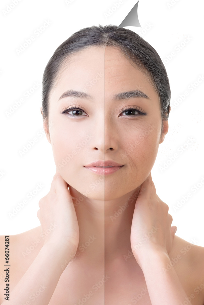 Face of beautiful Asian woman before and after retouch Face of beautiful Asian woman before and after retouch