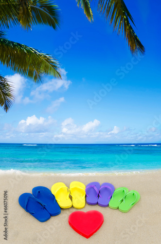 Fototapeta Naklejka Na Ścianę i Meble -  Color flip flops on sandy beach
