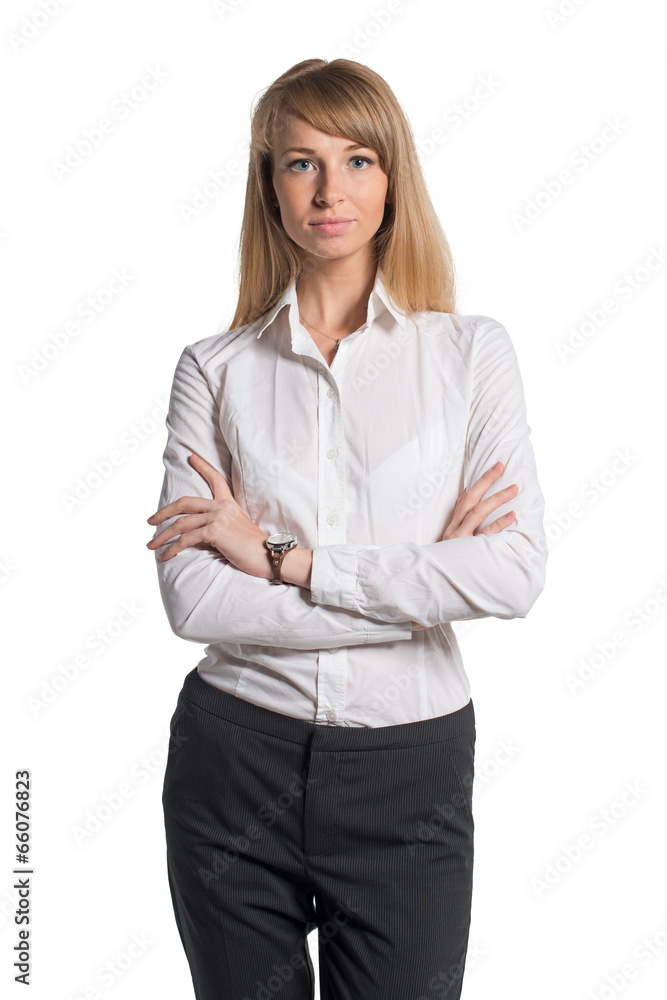 Portrait of young business woman white shirt black trousers Portrait of young business woman white shirt black trousers