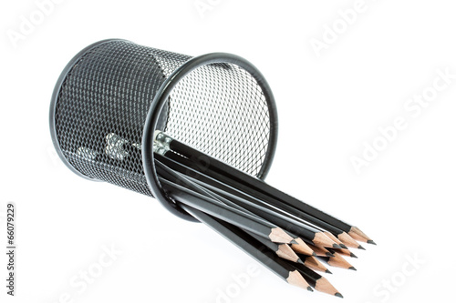 black pencil holder with pencils isolated on white background