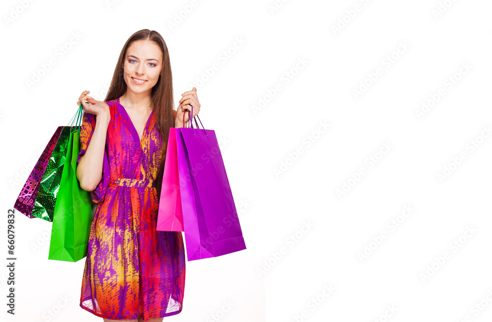 happy smiling woman with shopping bags, isolated over white happy smiling woman with shopping bags, isolated over white