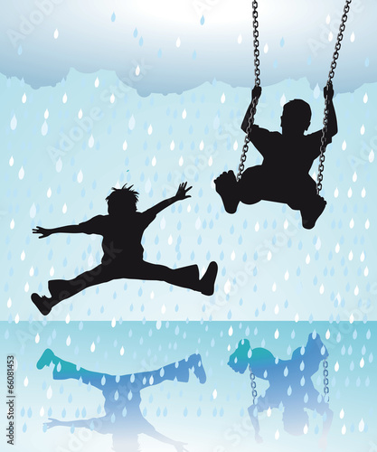 Kinder spielen im Regen