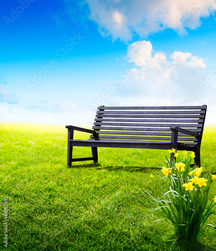 Abstract wooden park bench at a park © Konstiantyn