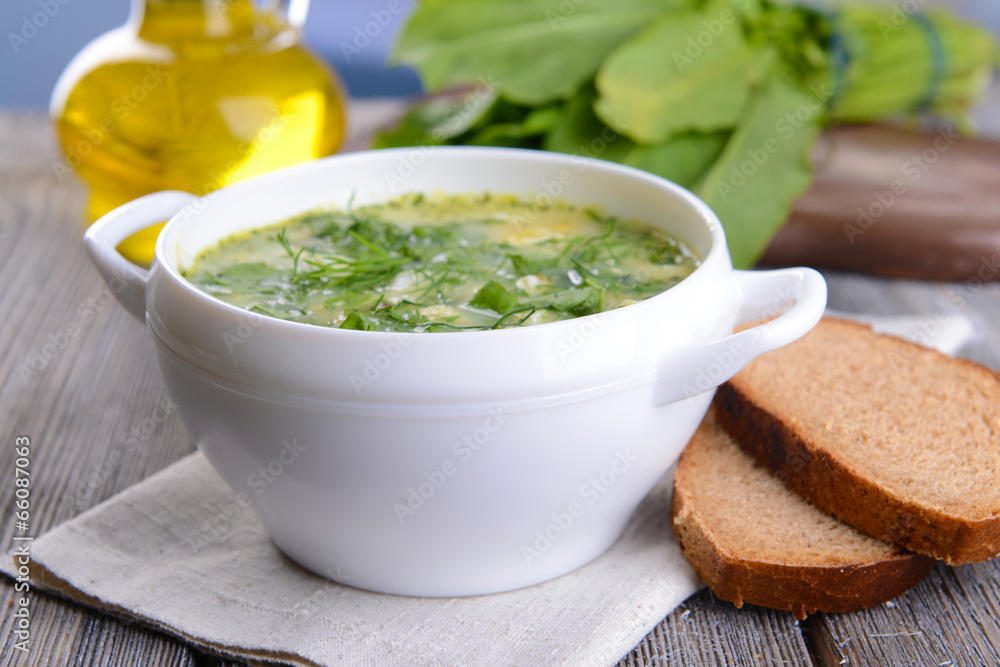 Delicious green soup with sorrel on table close-up Delicious green soup with sorrel on table close-up