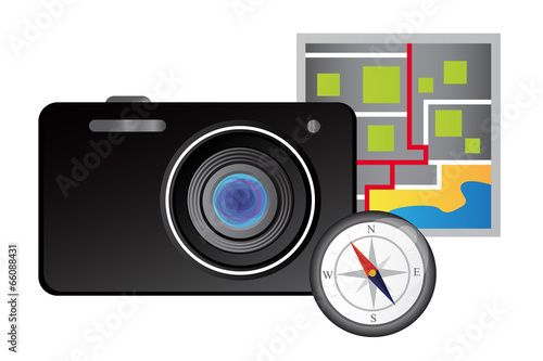 Camera, map and compass - travel concept