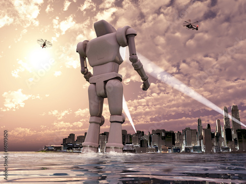 Foto Robot gigante llegando por el mar a una ciudad
